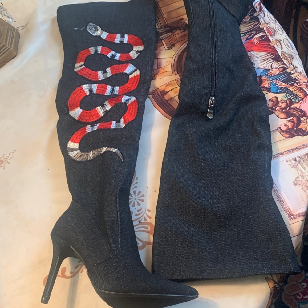 Cape Robbin Black Denim Over-the-Knee Boots with Red and White Snake Design